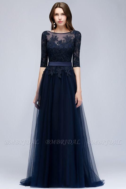 Elegant Navy Blue Half Sleeve Long Tulle Prom Dress With Lace Appliques