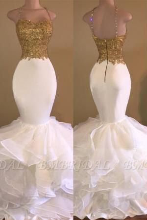 Bmbridal Gold and White Mermaid Prom Dress Sleeveless Long On Sale