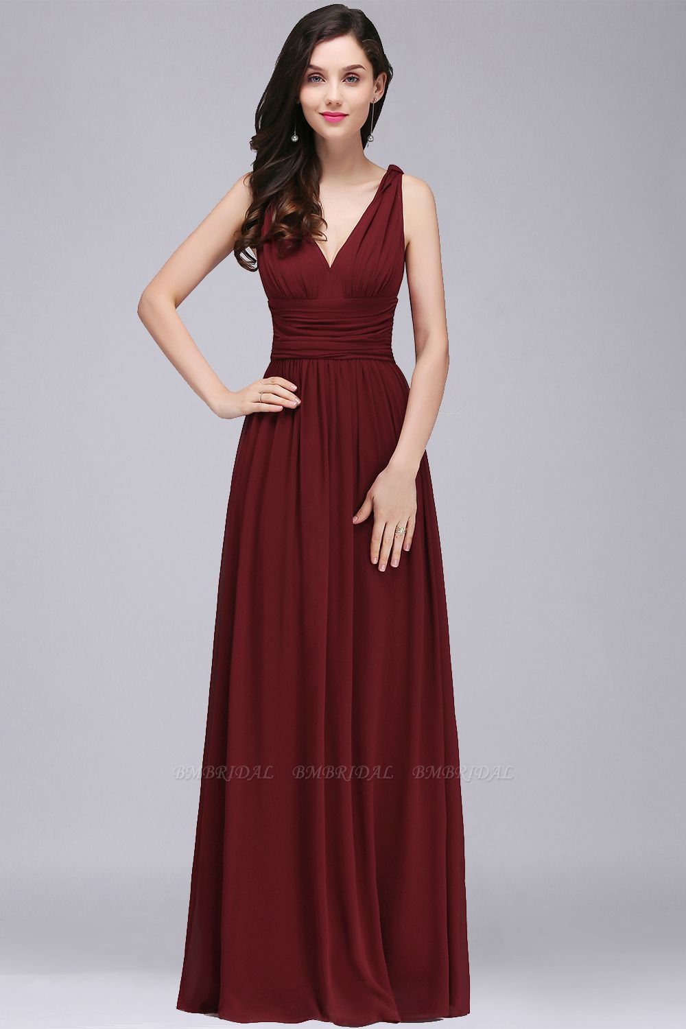 BMbridal Affordable Chiffon V-Neck Burgundy Bridesmaid Dress with Ruffle In Stock