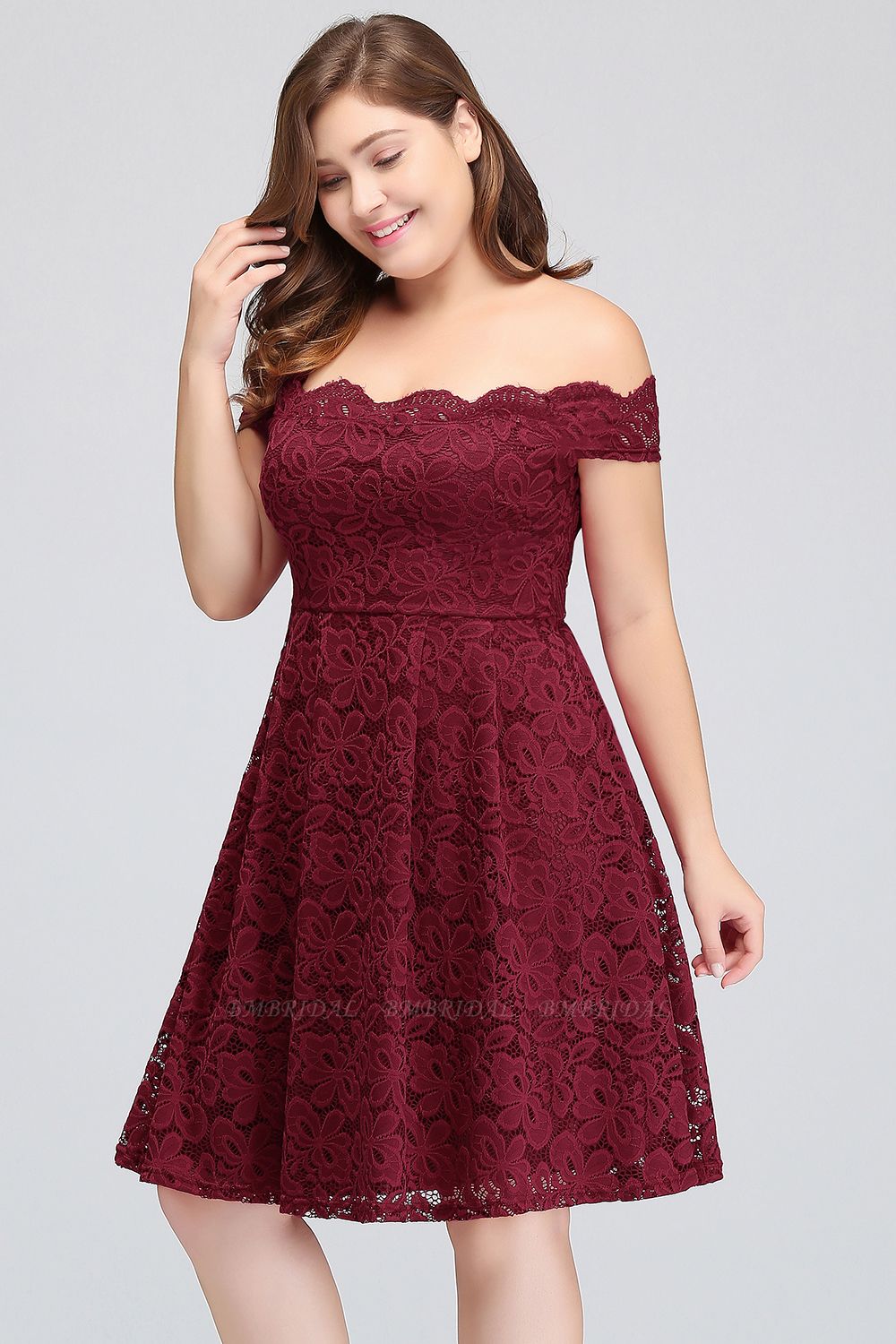 BMbridal Plus Size Off-the-Shoulder Burgundy Lace Short Bridesmaid Dress Online