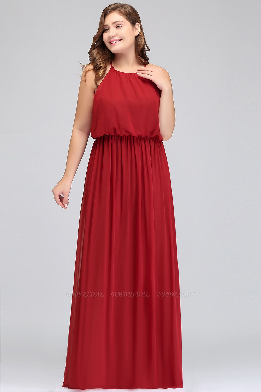 BMbridal Plus Size Elegant Halter Red Chiffon Long Bridesmaid Dresses with Ruffle
