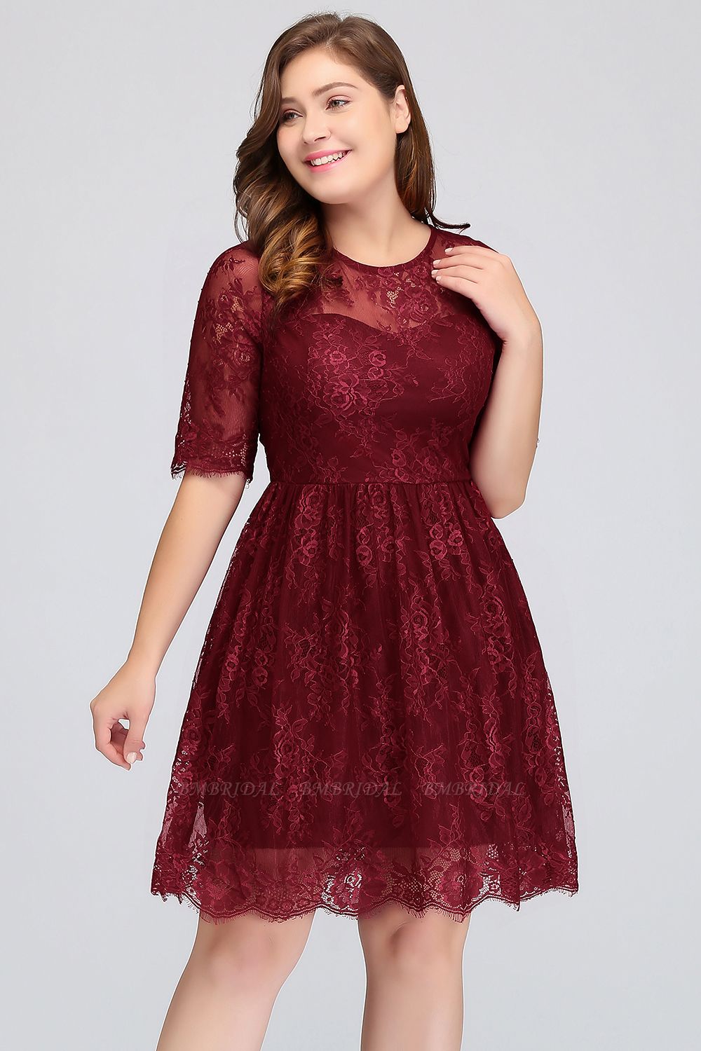 BMbridal Plus size Jewel Burgundy Affordable Bridesmaid Dress with Short Sleeves