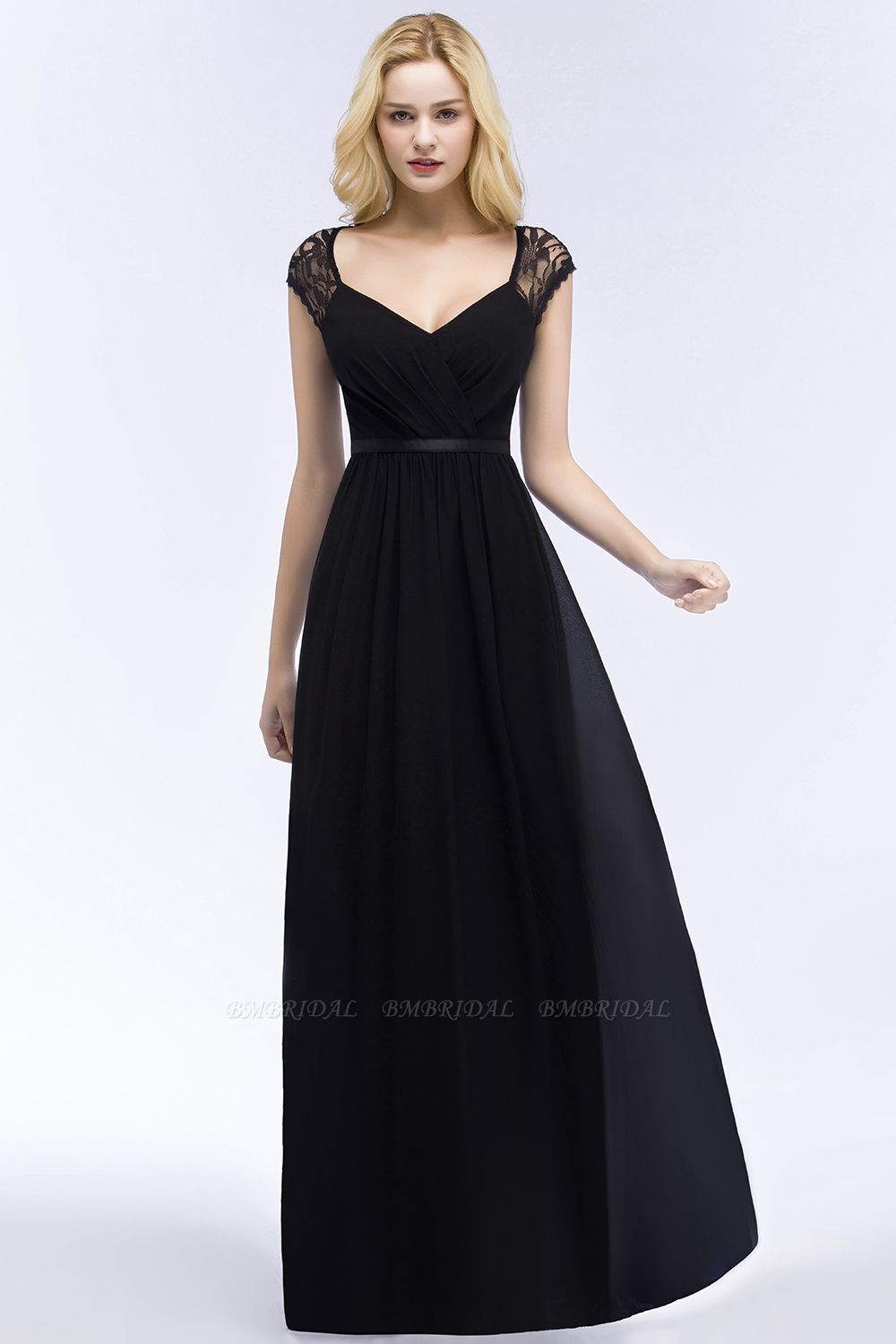 BMbridal Elegant A-line Chiffon Lace V-neck Long Affordable Bridesmaid Dresses In Stock
