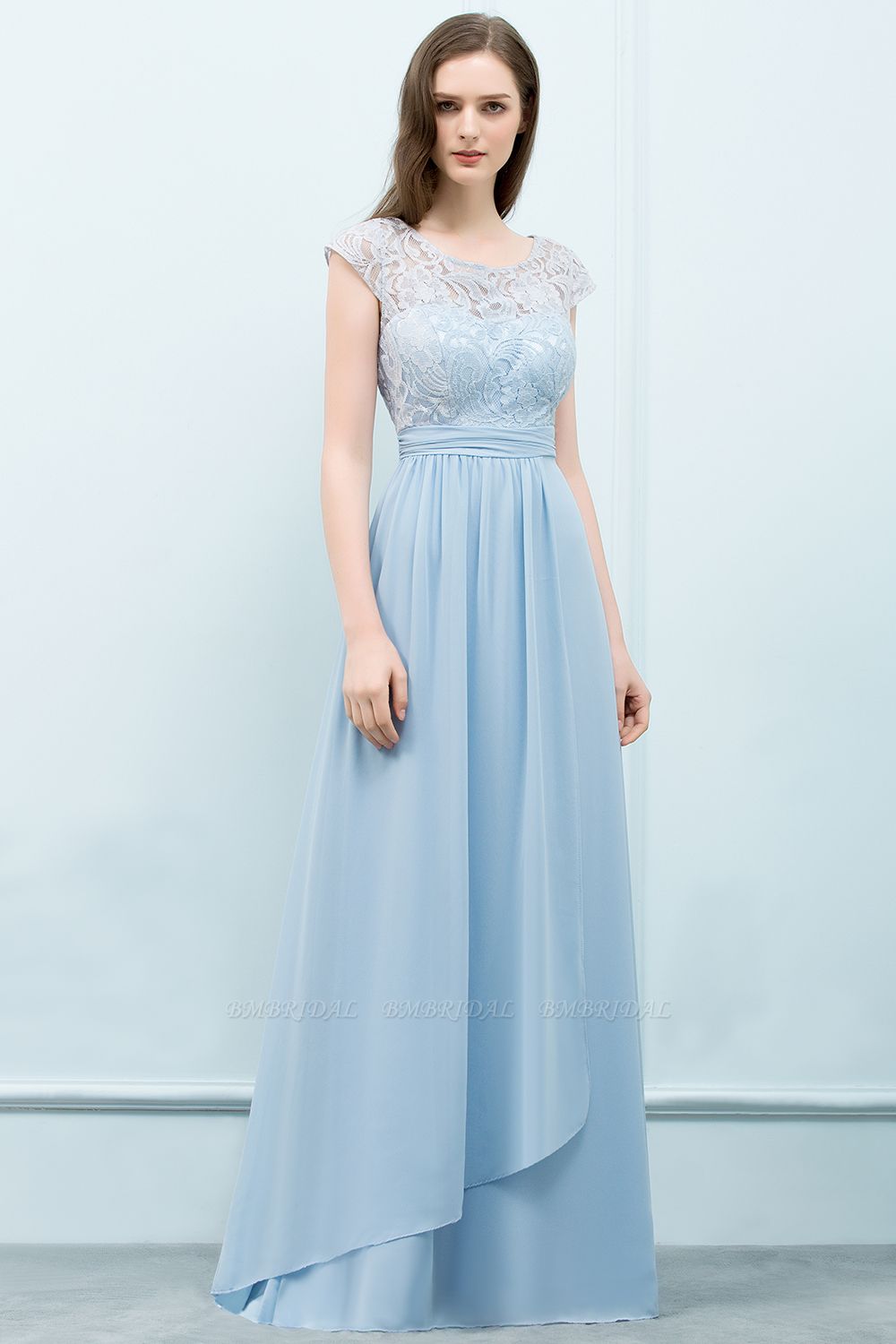 BMbridal Affordable Lace Sleeveless Blue Bridesmaid Dresses With Scoop Cap