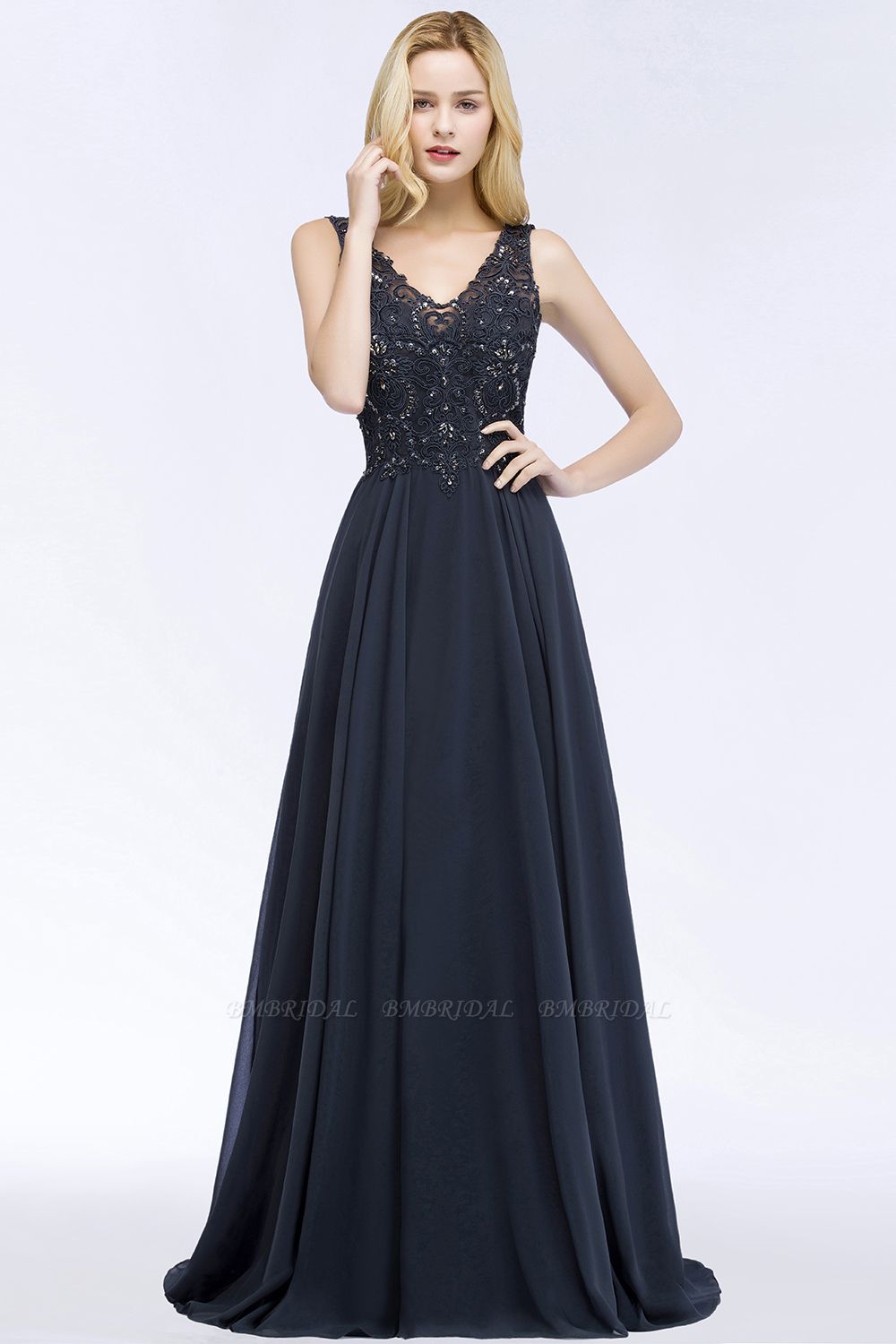 BMbridal A-line V-neck Sleeveless Long Appliqued Chiffon Prom Dress with Crystals