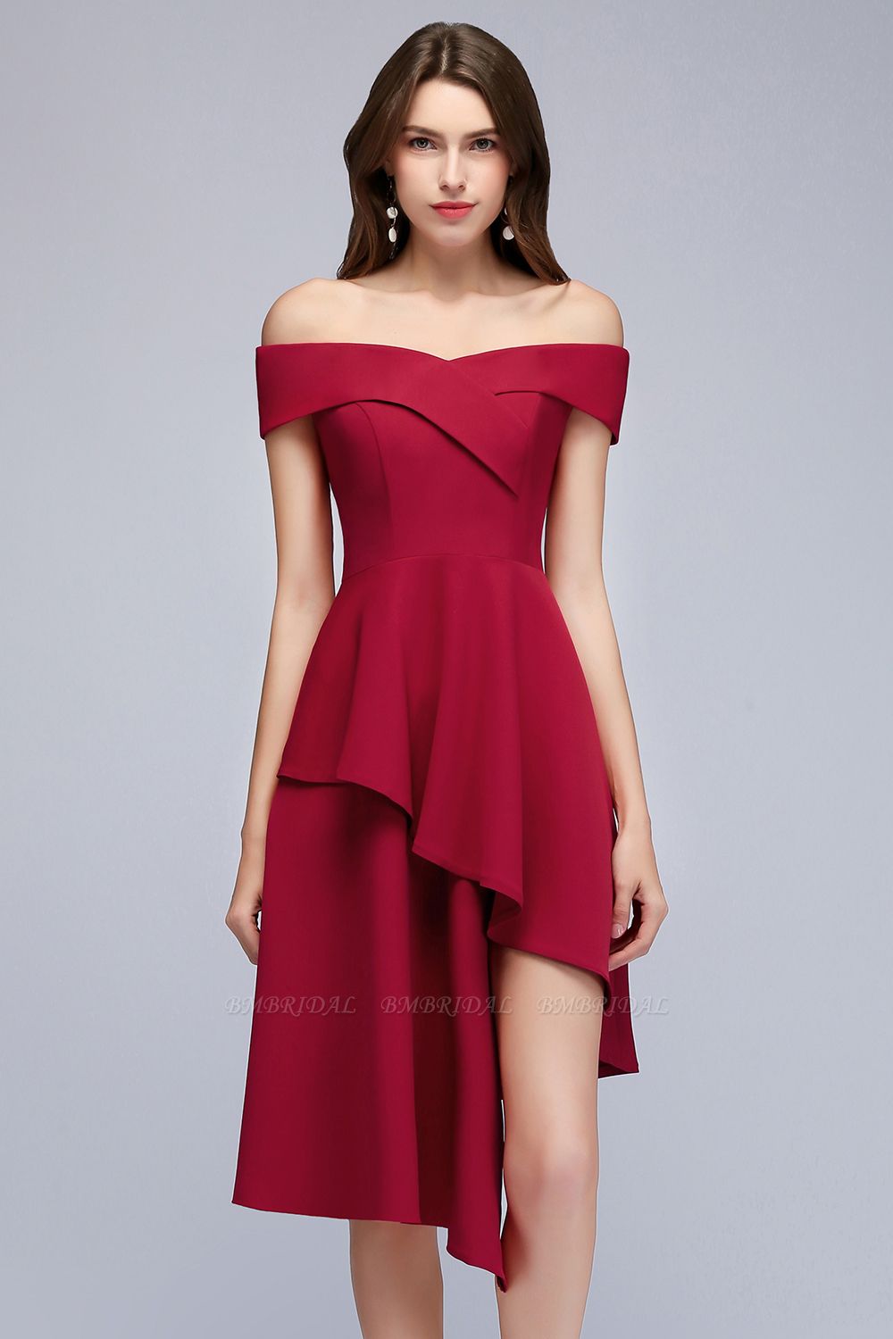 BMbridal A-line Asymmetrical Short Off-the-shoulder Burgundy Prom Dress