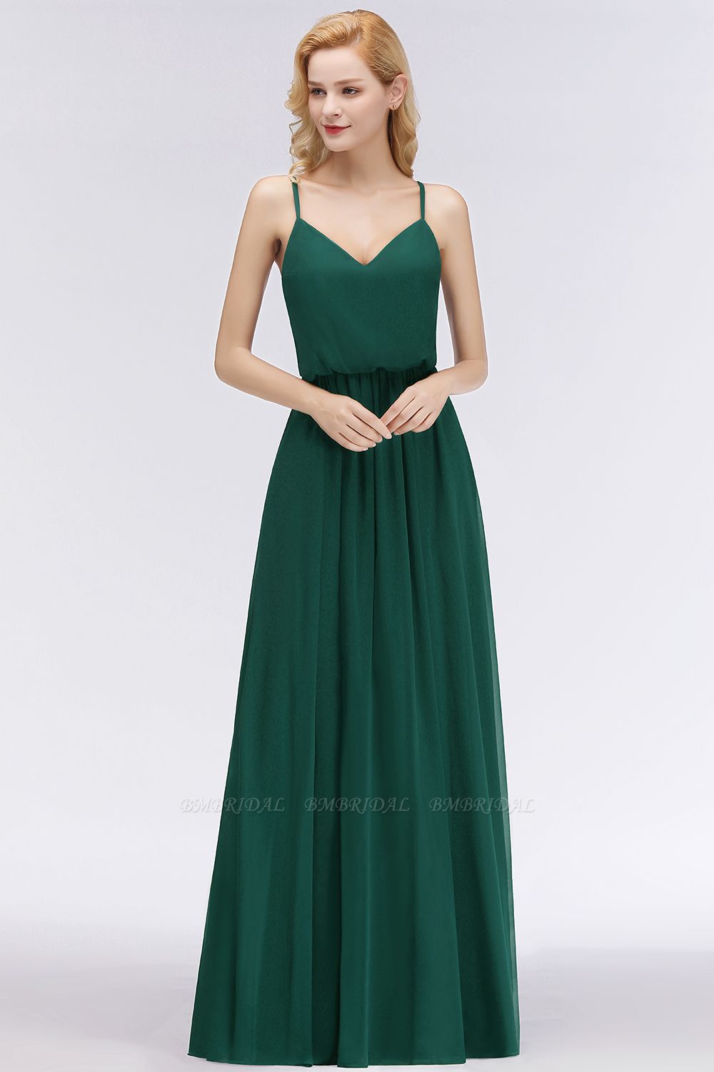 BMbridal Dark Green Chiffon Spaghetti-Straps Modest Bridesmaid Dress Online