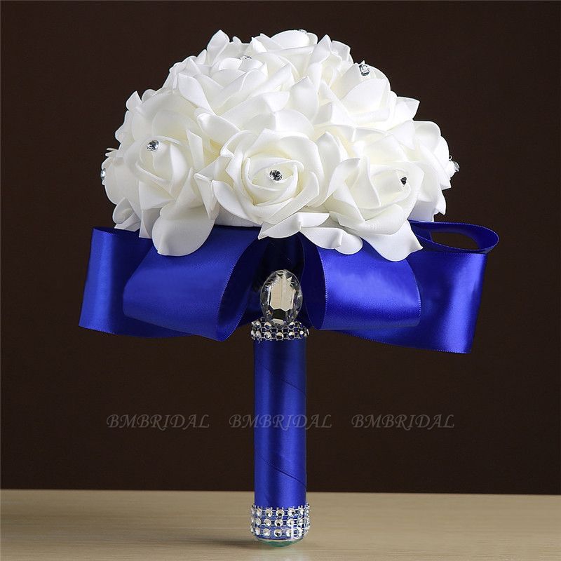 BMbridal White Silk Rose Crystal Beading Bouquet in Colorful Handles