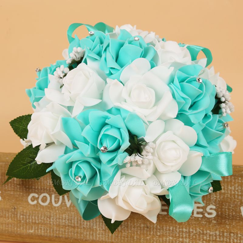BMbridal Colorful Silk Rose Wedding Bouquet with Ribbons