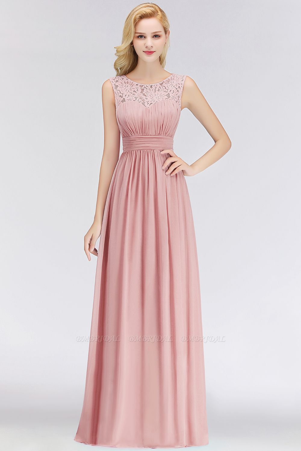 BMbridal Elegant Lace Scoop Bridesmaid Dress Dusty Rose Chiffon Sleeveless Wedding party Dress
