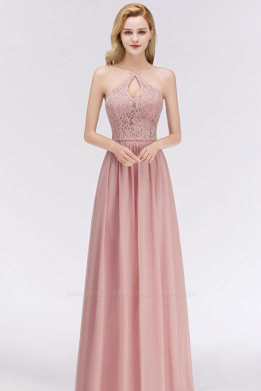 BMbridal Elegant Lace Keyhole Halter Dusty Rose Chiffon Bridesmaid Dress Affordable