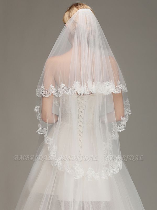 BMbridal Elegant Two Layers Lace Edge Wedding Veil Appliques Long Bridal Veil