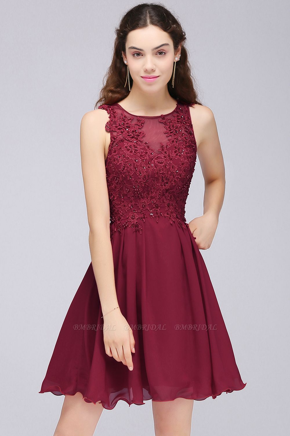 BMbridal Lovely Lace Short Burgundy Bridesmaid Dress with Appliques