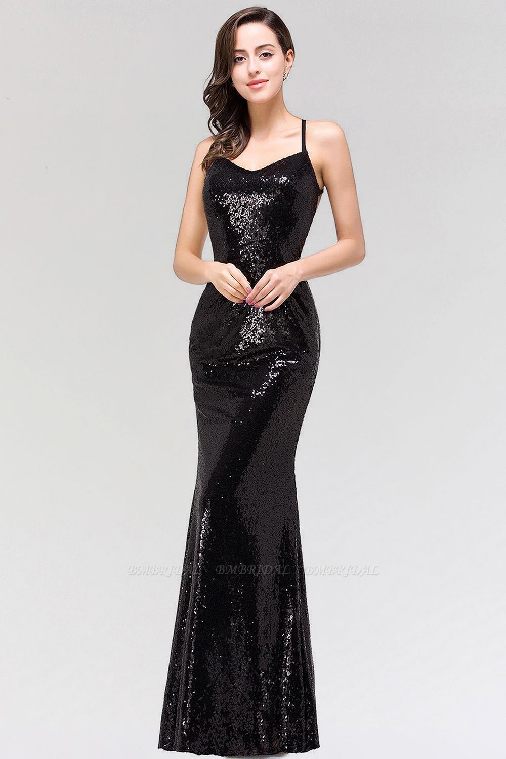 BMbridal Elegant Mermaid Sequined Long Black Bridesmaid Dress with Spaghetti Straps