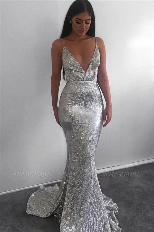 Bmbridal Silver Sequins Mermaid Prom Dress Sleeveless Spaghetti-Straps
