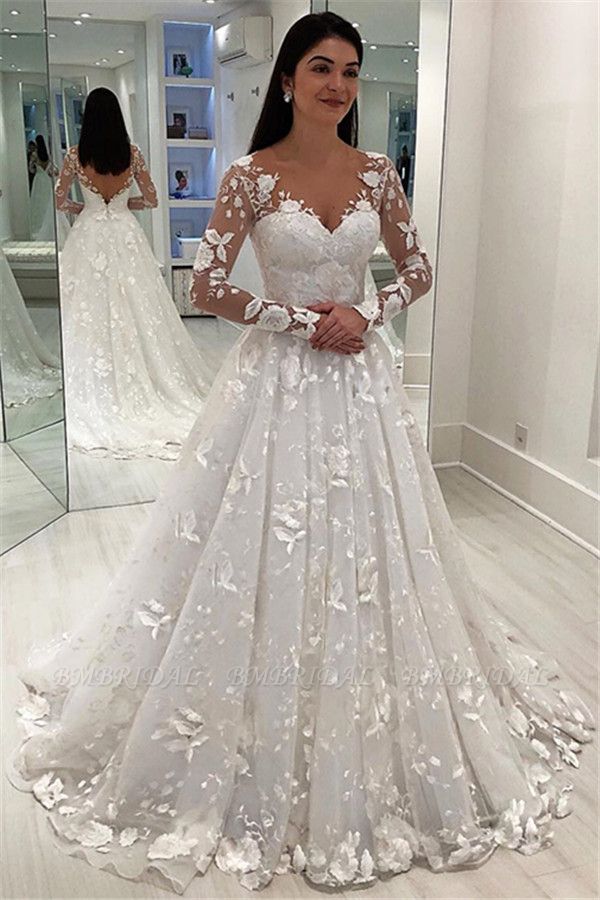 Bmbridal Long Sleeves Wedding Dress With Lace Appliques Princess Bridal Gowns