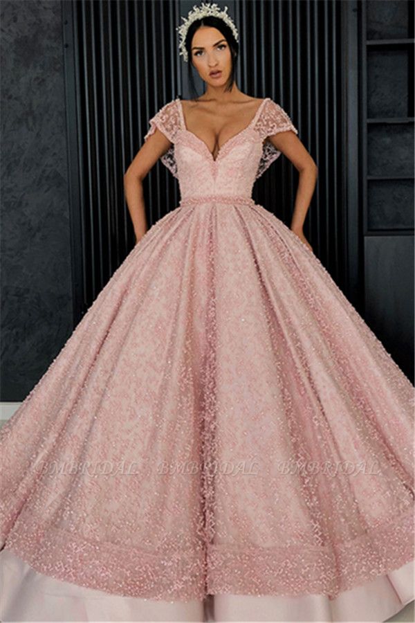 Bmbridal Cap Sleeves Ball Gown Prom Dress Pink With Pearls