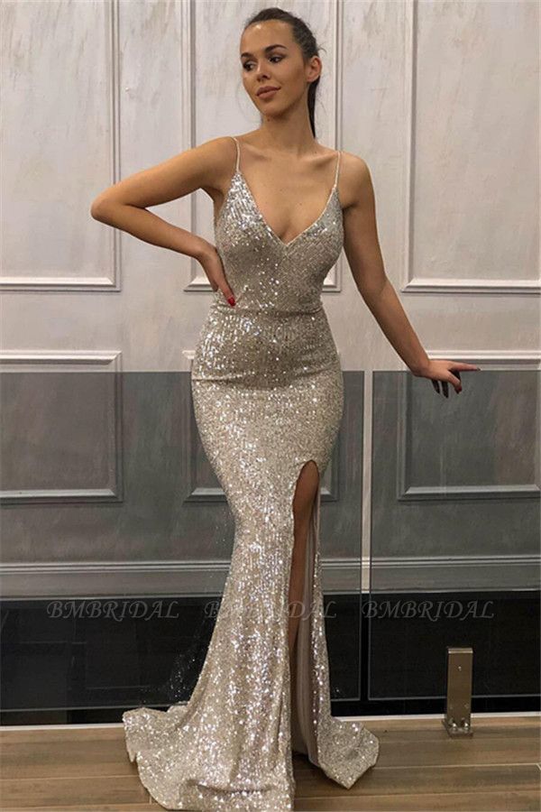 Bmbridal Spaghetti-Straps Sequins Prom Dress Mermaid With Slit
