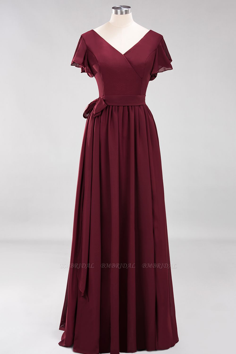 BMbridal Burgundy V-Neck Long Bridesmaid Dress With Short-Sleeves