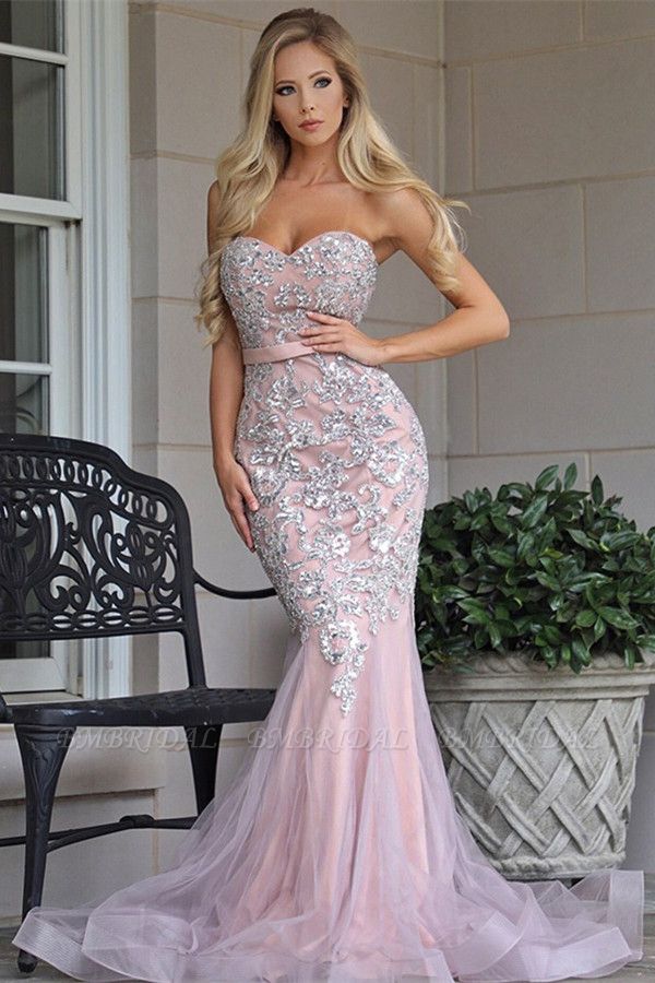 Bmbridal Sweetheart Pink Mermaid Prom Dress With Lace Appliques