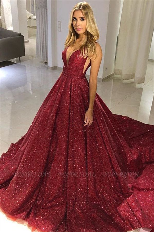 Bmbridal Burgundy Sleeveless Prom Dress Sequins Evening Party Gowns