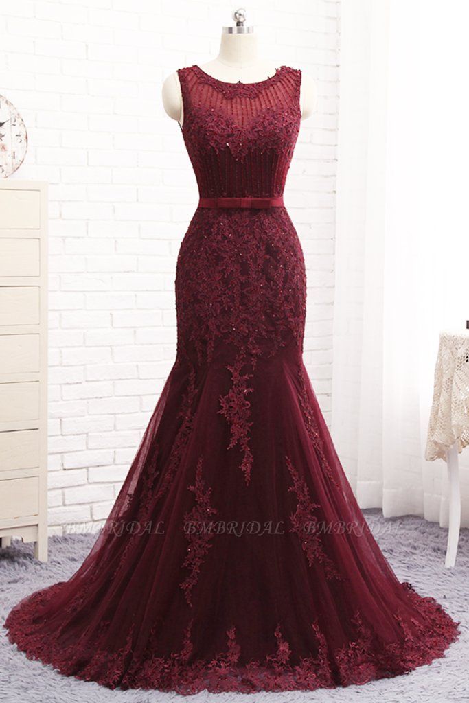 BMbridal Gorgeous Burgundy Mermaid Prom Dress With Lace Appliques Online