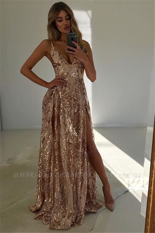 Bmbridal Spaghetti-Straps V-Neck Prom Dress Sequins Split Sleeveless Evening Gown