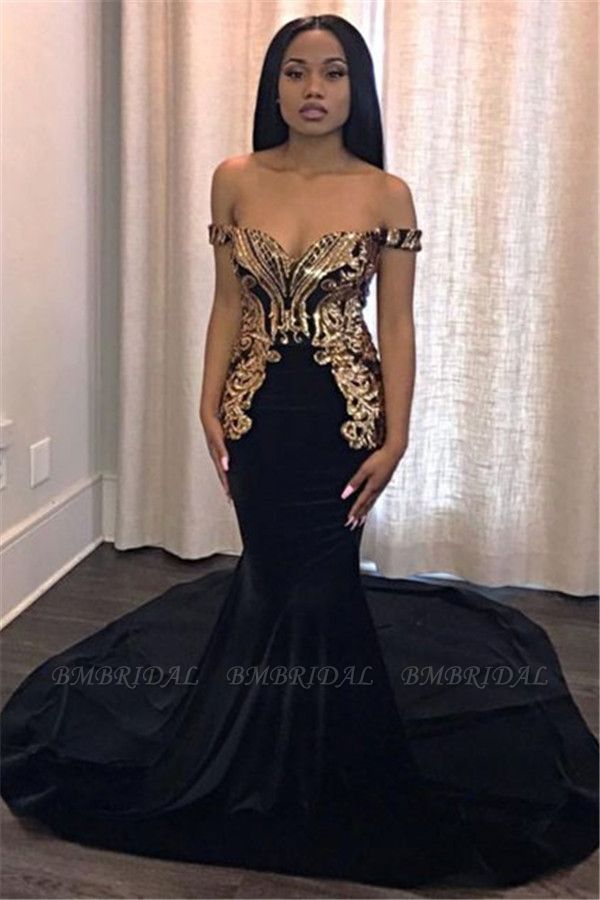 Bmbridal Off-the-Shoulder Mermaid Black Prom Dress With Gold Appliques