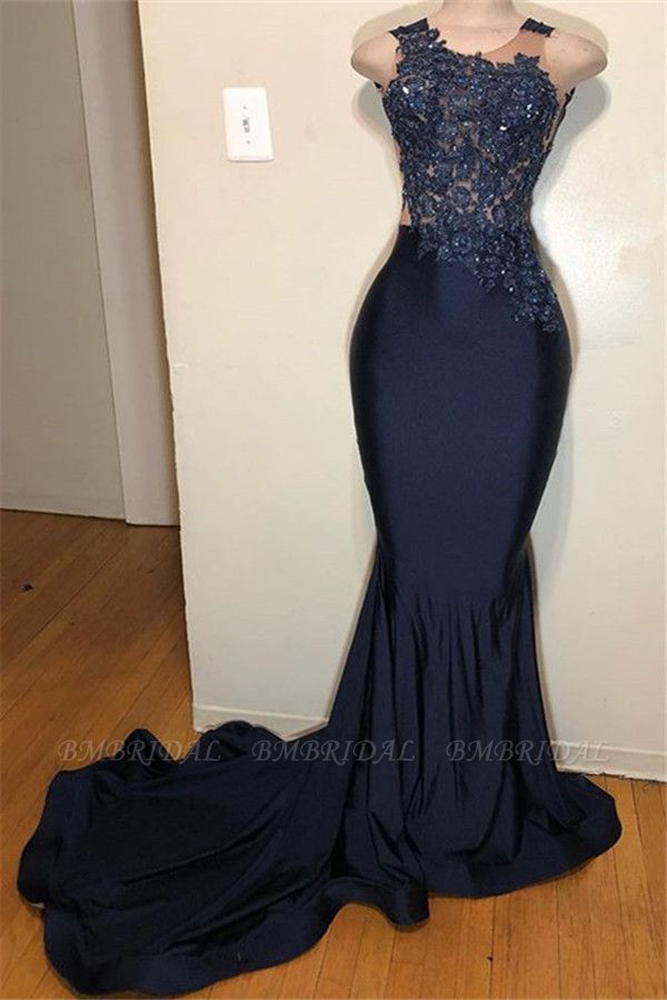 Bmbridal Dark Navy Scoop Sleeveless Prom Dress Mermaid Long With Appliques