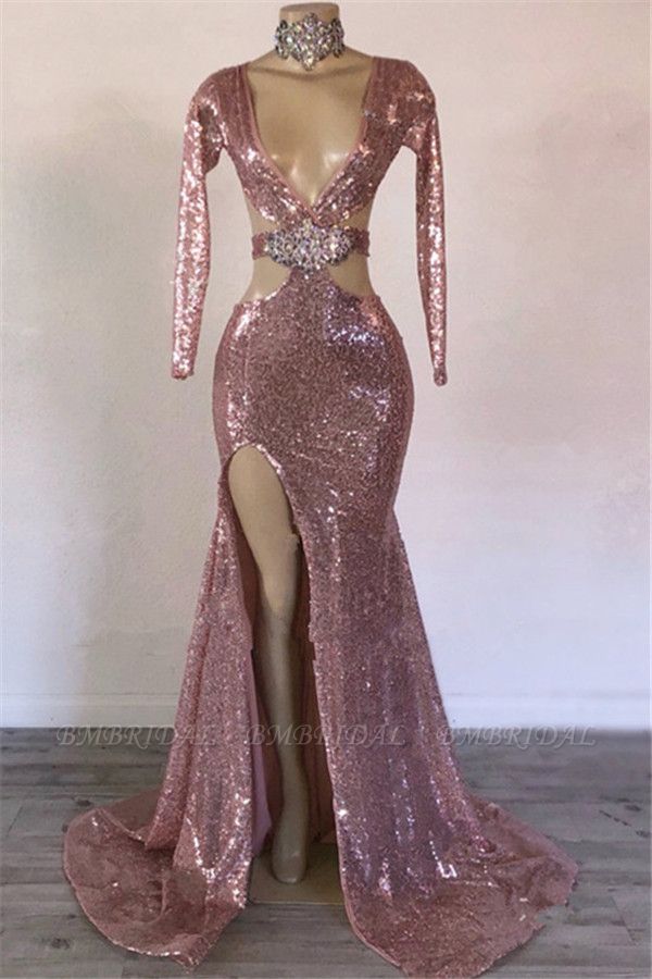 Bmbridal Pink Long Sleeevs Sequins Prom Dress Mermaid With Split