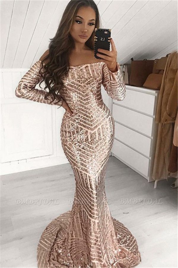 Bmbridal Long Sleeves Off-the-Shoulder Sequins Prom Dress Mermaid Evening Party Gown