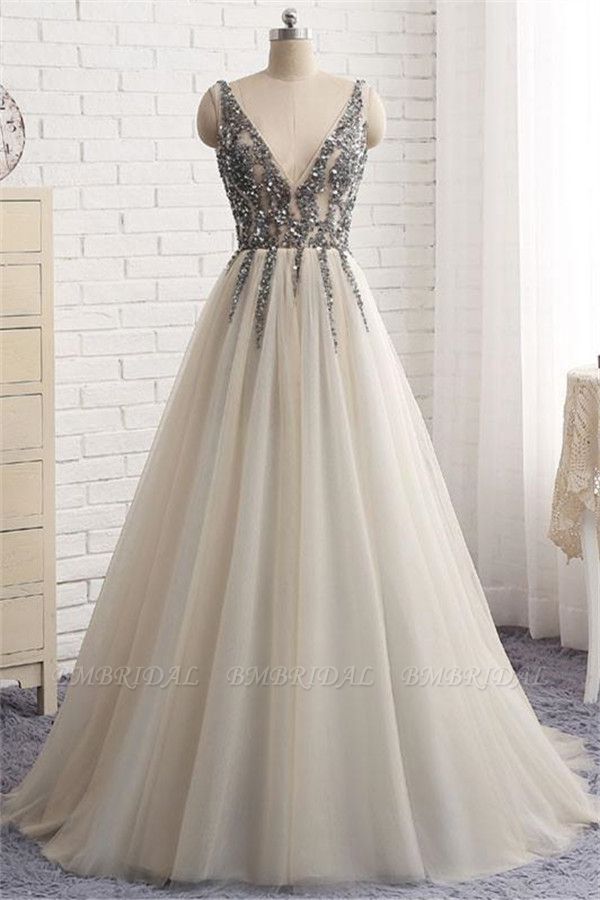 BMbridal Elegant V-Neck Sleeveless Prom Dress With Appliques Long Tulle Evening Gowns
