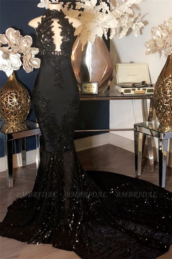 Bmbridal Sexy Black Halter Mermaid Prom Dress With Sequins Appliques