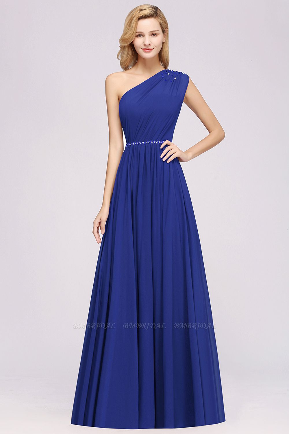BMbridal Modest One-shoulder Royal Blue Affordable Bridesmaid Dress with Beadings