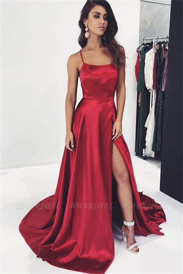 Bmbridal Bugurndy Spaghetti-Straps Mermaid Prom Dress With Slit Long Party Gowns