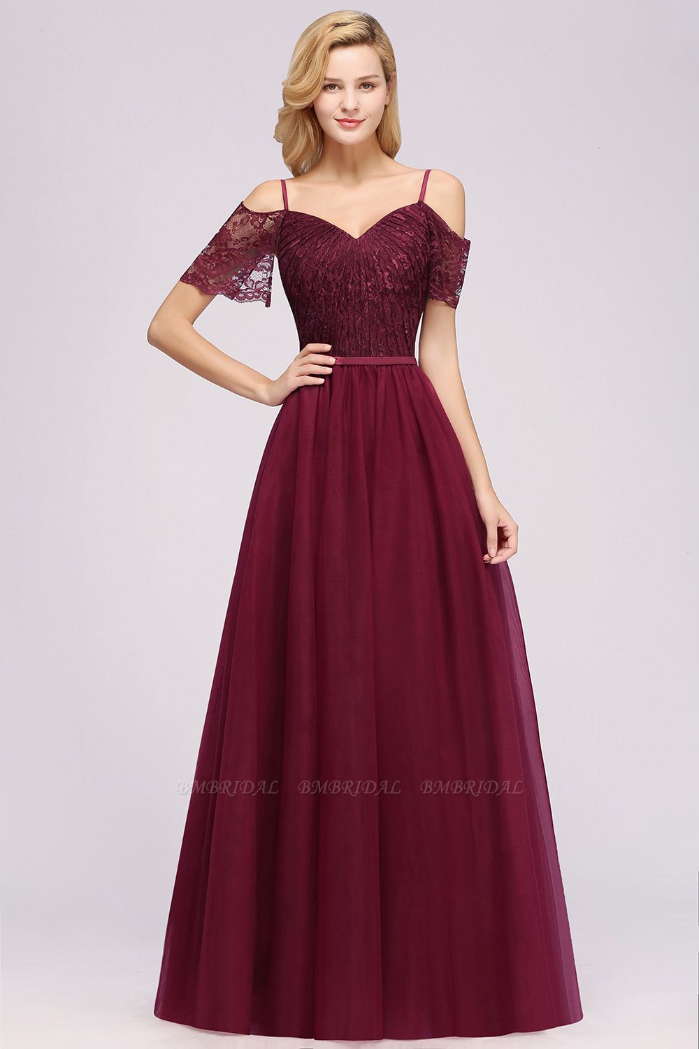 BMbridal Affordable Chiffon Off-the-Shoulder Burgundy Lace Bridesmaid Dresses