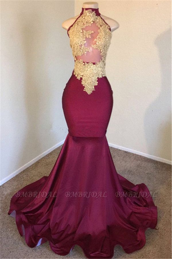 Bmbridal Burgundy High Neck Mermaid Prom Dress With Lace Appliques