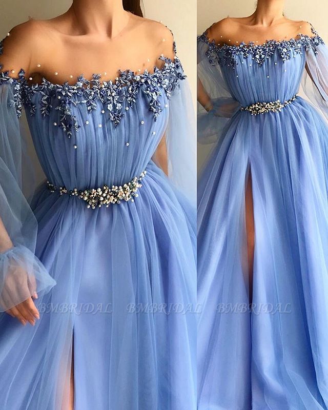 Bmbridal Off-the-Shoulder Long Sleeve Prom Dress Split With Beads
