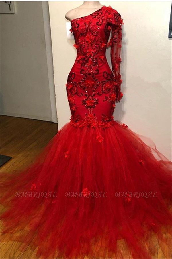 Bmbridal Red One Shoulder Long Sleeves Prom Dress Mermaid With Appliques