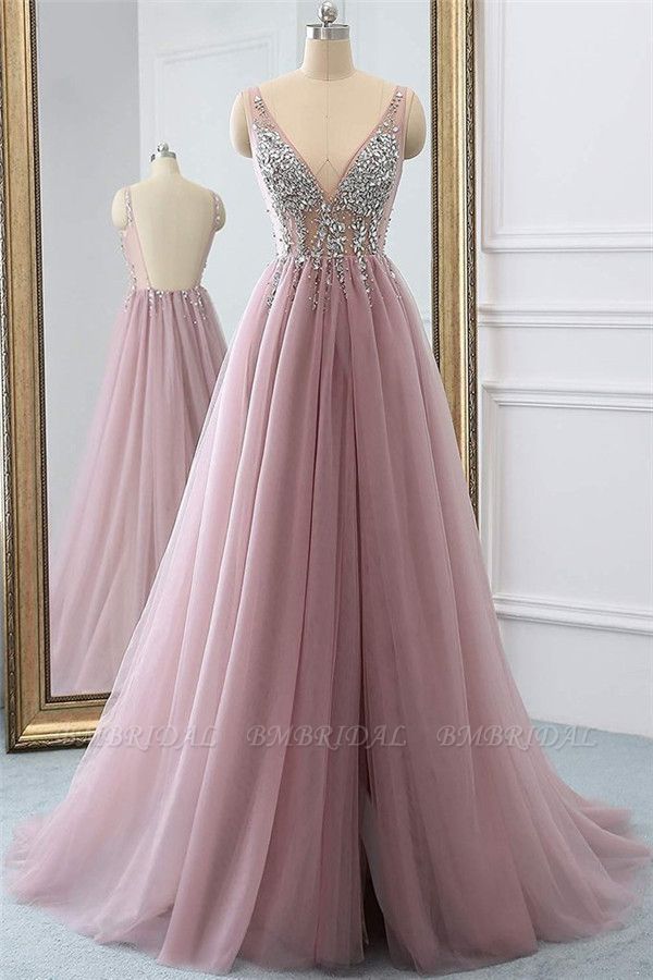 BMbridal Elegant V-Neck Sleeve Prom Dress Long Tulle With Crystal