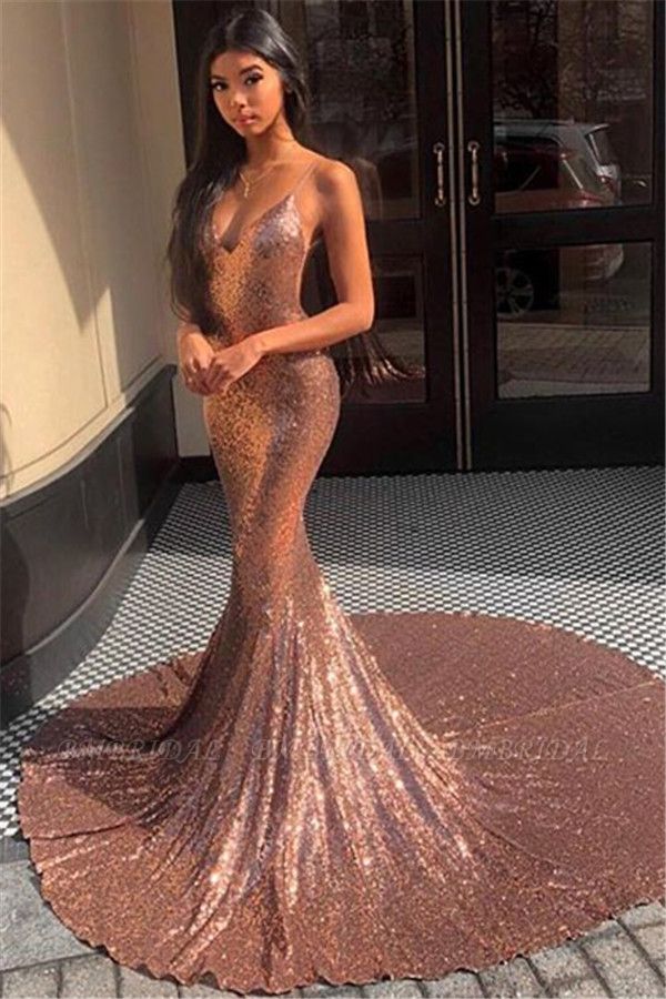 Bmbridal Spaghetti-Straps Mermaid Sequins Long Evening Prom Dress Sleeveless