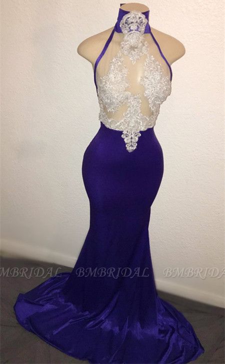Bmbridal High Neck Sleeveless Prom Dress Mermaid Long With Lace Appliques