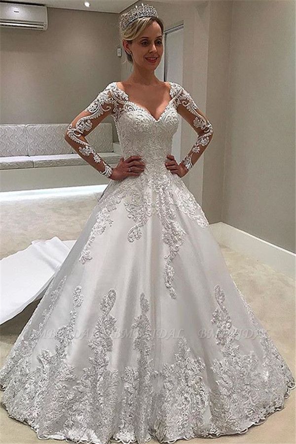 Bmbridal Long Sleeves Lace Appliques Wedding Dress A-Line Bridal Gowns