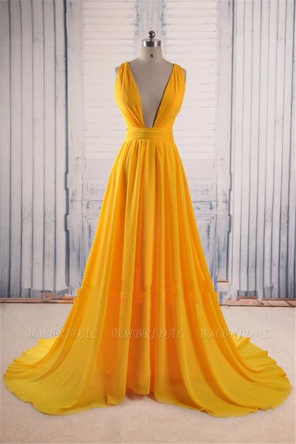BMbridal Sexy tiefes gelbes Abendkleid mit tiefem V-Ausschnitt, lange Chiffon-, ärmellose Partykleider
