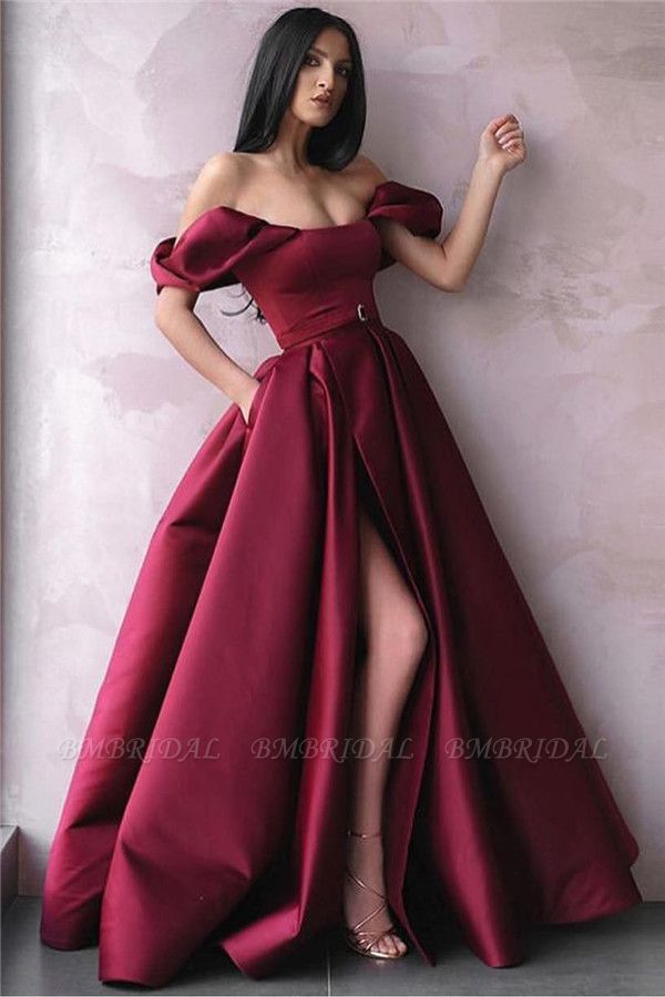 Bmbridal Off-the-Shoulder Burgundy Prom Dress Long Slit Formal Wear