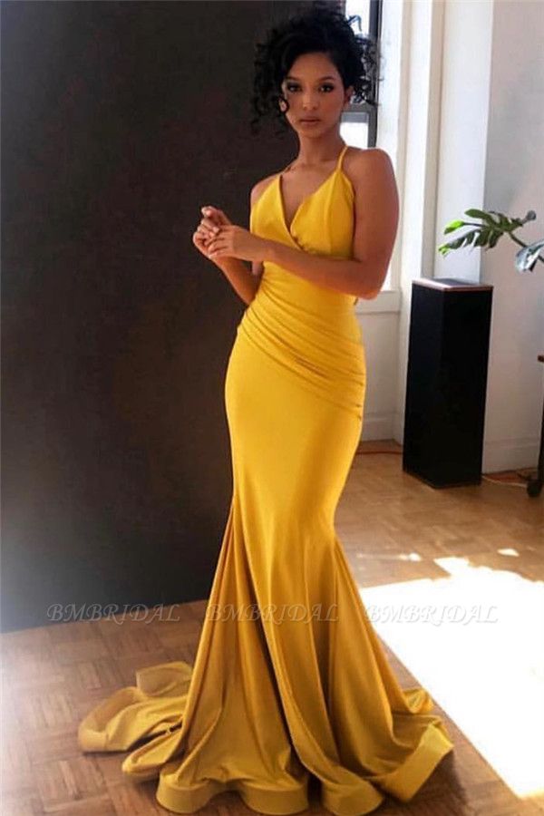 Bmbridal Yellow V-Neck Mermaid Prom Dress Sleeveless Online