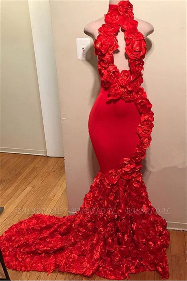 Bmbridal Red High Neck Mermaid Prom Dress With Flowers Sleeveless Formal Wears