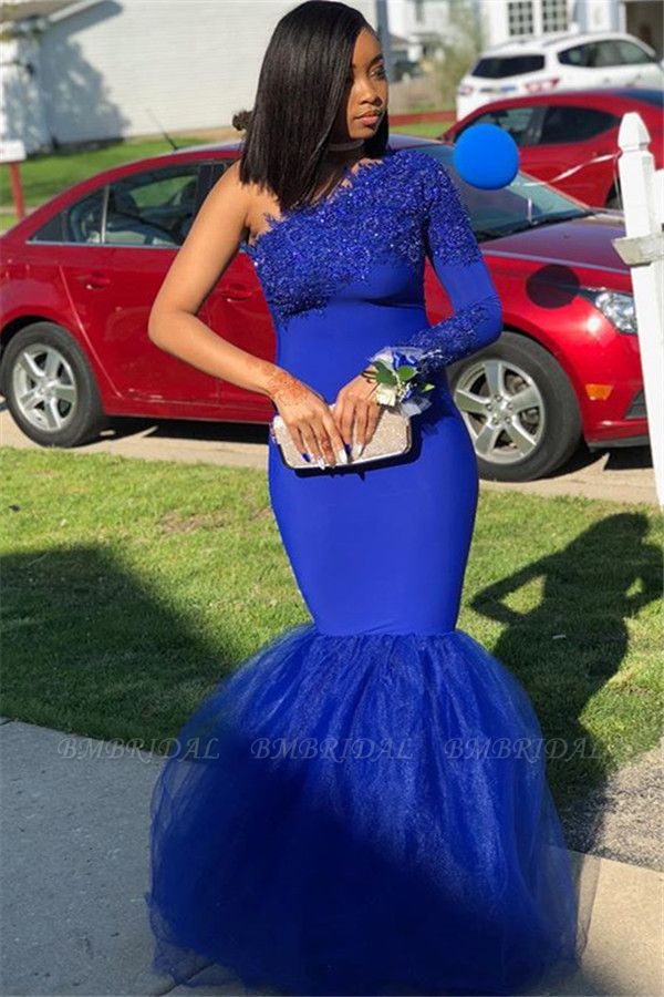 Bmbridal Royal Blue One Shoulder Mermaid Prom Dress With Lace Appliques