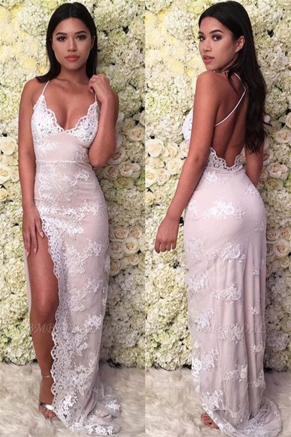 Bmbridal Spaghetti-Straps Lace Prom Dress With Slit