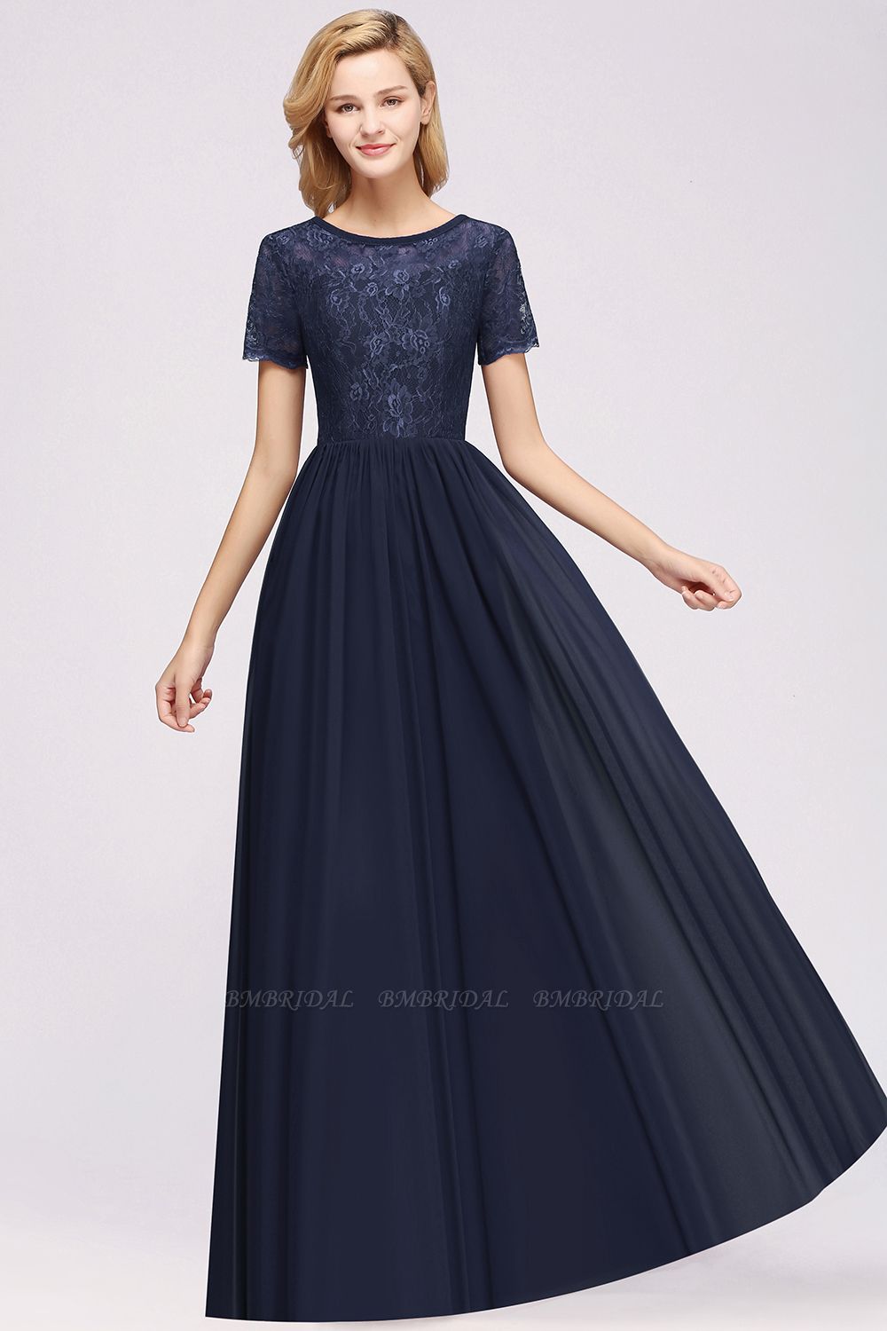 BMbridal Elegant Dark Navy Long Lace Bridesmaid Dresses with Short-Sleeves